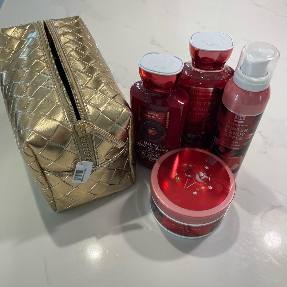 Bath & Body Works Gold Bag with Red Winter Candy Apple Set